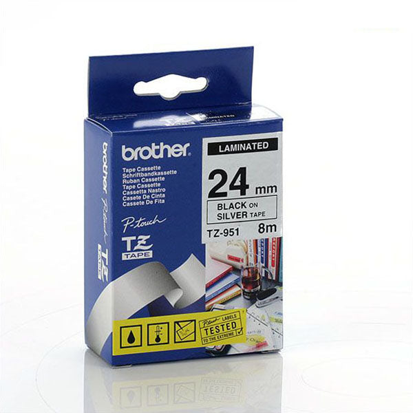 Brother TZ-951 - 24mm Black on Silver Metallic Laminated - Labelzone